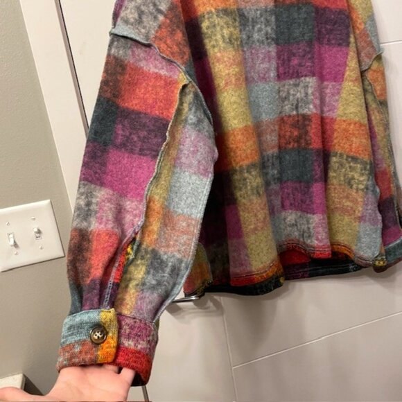 Colorful Plaid Button Front Cardigan Size XXL V-Neck Exposed Seams Casual - Picture 12 of 16